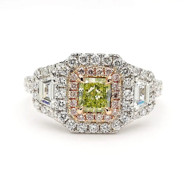 18K Solid Gold IGI Certified Lab Grown Fancy Green-Yellow Radiant Diamond 1.81 Carat CTW Ring | Riyanika Jewels