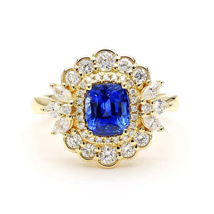 18K Solid Gold Blue Cushion Sapphire & Lab Grown White Diamond 2.52 Carat Cocktail Ring