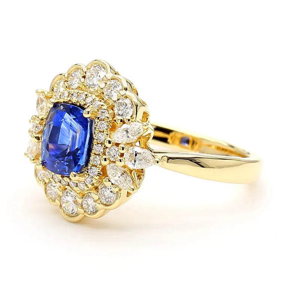 18K Solid Gold Blue Cushion Sapphire & Lab Grown White Diamond 2.52 Carat Cocktail Ring - Side View