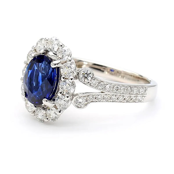 18K Solid Gold Blue Oval Sapphire & Lab Grown White Diamond 2.47 Carat Cocktail Ring - Side View