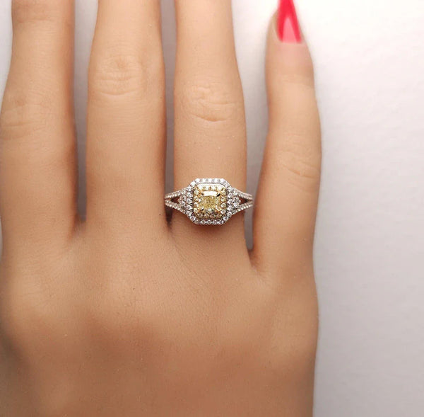 14K 1.01ct Lab Grown Yellow Diamond Cushion Cut Cocktail Ring