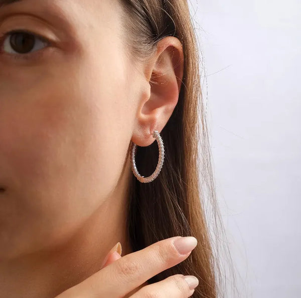 18K Solid Gold Dainty Lightweight Lab Grown Diamond Huggie Hoop Earrings - Side View | Riyanika Jewels