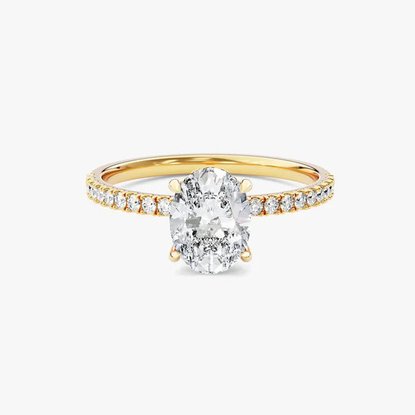 18K Solid Gold 1.00 CT Oval Cut Lab Grown Diamond Hidden Halo Engagement Ring with Sidestones | Riyanika Jewels