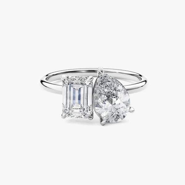 18K Solid Gold 2CT Toi et Moi Engagement Ring with Pear and Emerald Cut Natural Diamonds - Side View | Riyanika Jewels