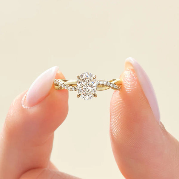 18K Solid Gold 2.00 CT Oval Cut Twisted Lab Grown Diamond Engagement Ring with Pave Set - Side View | Riyanika Jewels