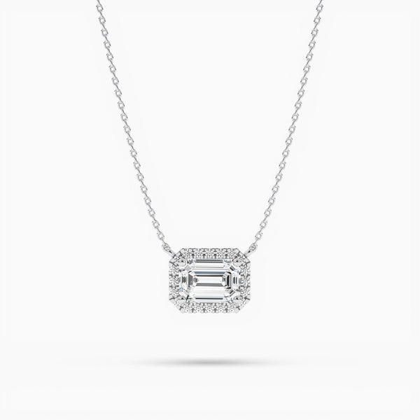 18K Solid Gold Lab Grown Diamond Emerald Cut Halo Necklace – Minimalist Gift for Women - Side View