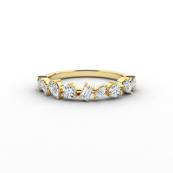 18K Solid Gold Natural Diamond Multi-Shape Half Eternity Band – Unique Cluster Wedding Ring