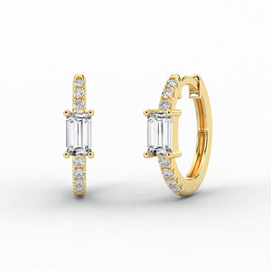 14K Natural Diamond Baguette Cut Huggie Hoop Earrings