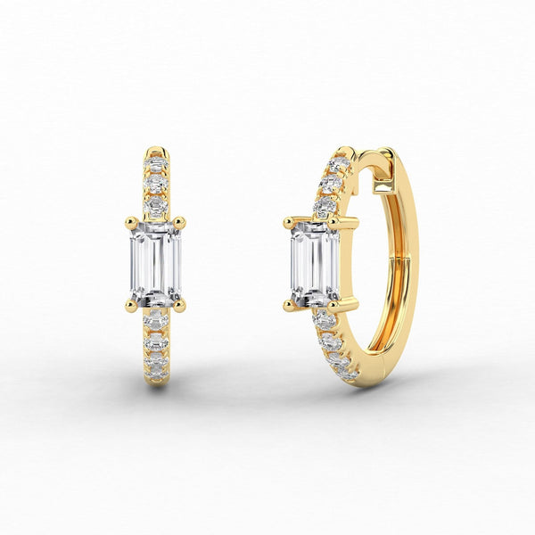 14K Natural Diamond Baguette Cut Huggie Hoop Earrings