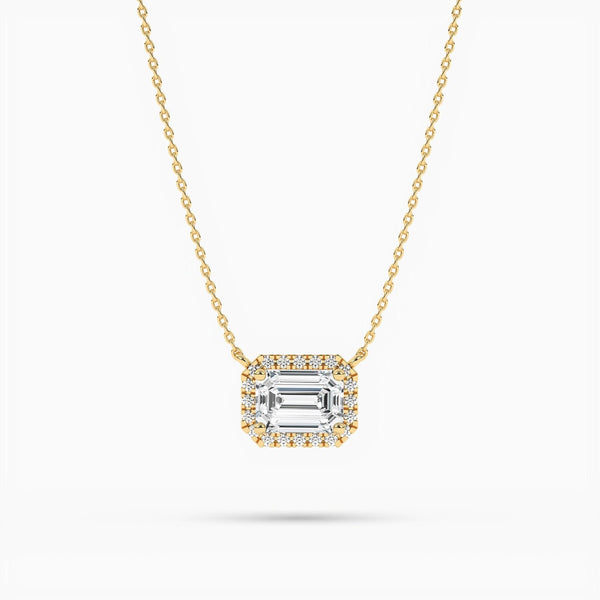 14K Natural Diamond Emerald Cut Halo Necklace