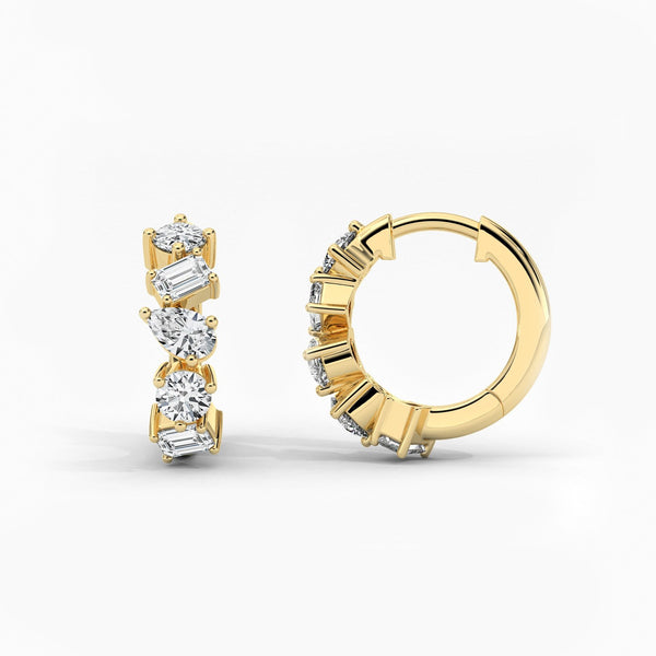 18K Solid Gold Lab Grown Diamond Multi-Shape Huggie Earrings - Side View | Riyanika Jewels