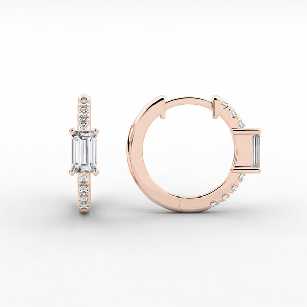 18k Solid Gold Baguette Cut Natural Diamond Huggie Hoop Earring - Side View | Riyanika Jewels