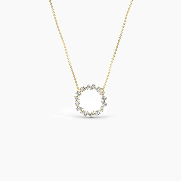 18K Solid Gold Natural Diamond Multi-Shape Cluster Necklace – Open Circle Bridal Pendant for Women