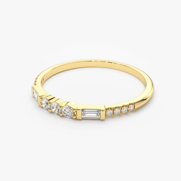 18K Solid Gold Lab Grown Diamond Baguette & Round Cut Half Eternity Wedding Band - Side View | Riyanika Jewels