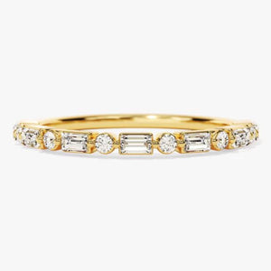 18K Solid Gold Natural Diamond Baguette & Round Cut Bar Set Half Eternity Ring