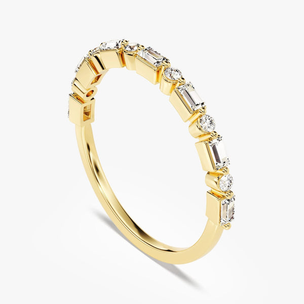 18K Solid Gold Natural Diamond Baguette & Round Cut Bar Set Half Eternity Ring - Side View | Riyanika Jewels
