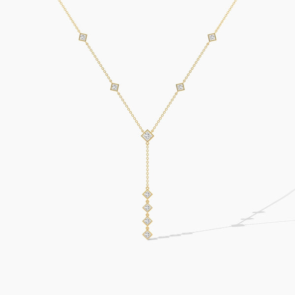 18k Solid Gold Natural Diamond Princess Cut Lariat Station Necklace | Statement Necklace - Side View | Riyanika Jewels
