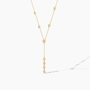 18k Solid Gold Natural Diamond Princess Cut Lariat Station Necklace | Statement Necklace