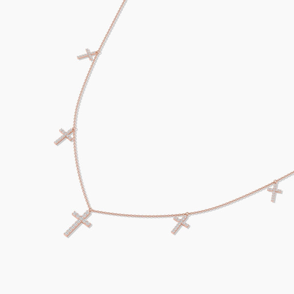 14K Solid Gold Natural Diamond Cross Station Necklace