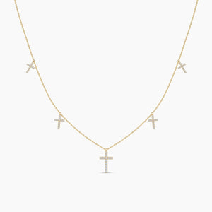 14K Solid Gold Natural Diamond Cross Station Necklace