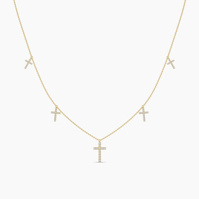 14K Solid Gold Natural Diamond Cross Station Necklace