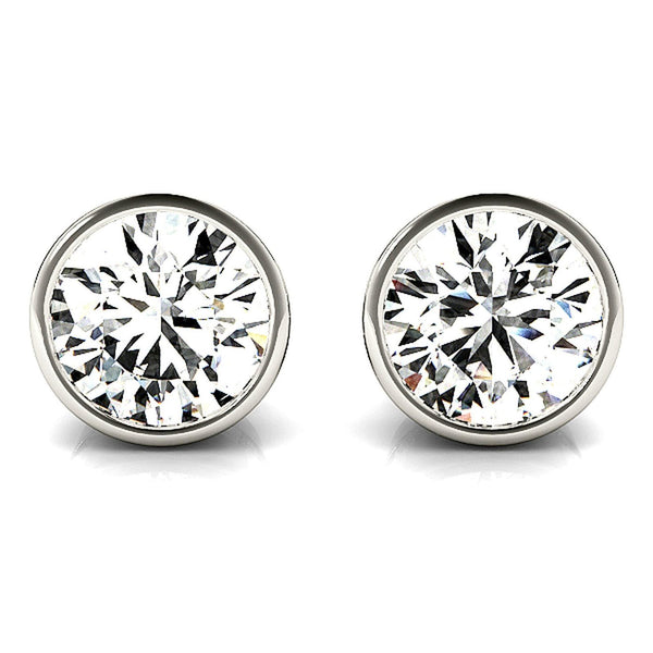 18K Solid Gold Natural Diamond Bezel Set Round Stud Earrings
