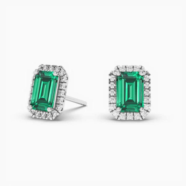14K Solid Gold Natural Diamon Green Emerald Stud Earring