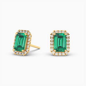 18k Solid Gold Natural Diamon Green Emerald Stud Earring | Riyanika Jewels