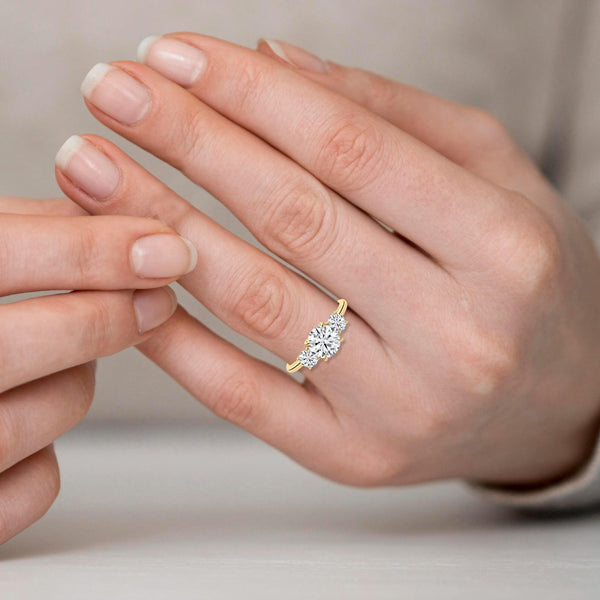 18 Solid Gold Three Stone Lab Grown Diamond Engagement Ring - Side View | Riyanika Jewels