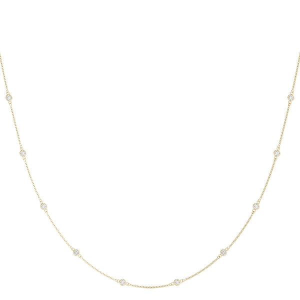 18K Solid Gold Natural Diamond Bezel-Set Station Necklace with 10 Round Diamonds