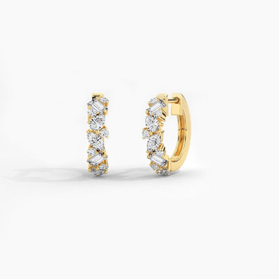 14K Solid Gold Multi-shape Natural Diamond Huggie Earrings