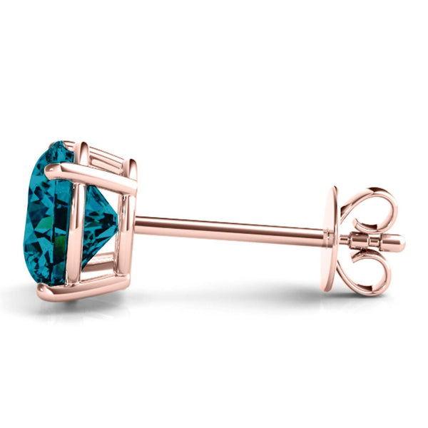 18K Solid Gold 1.00 CTW Blue Diamond Round Stud Earrings - Side View | Riyanika Jewels