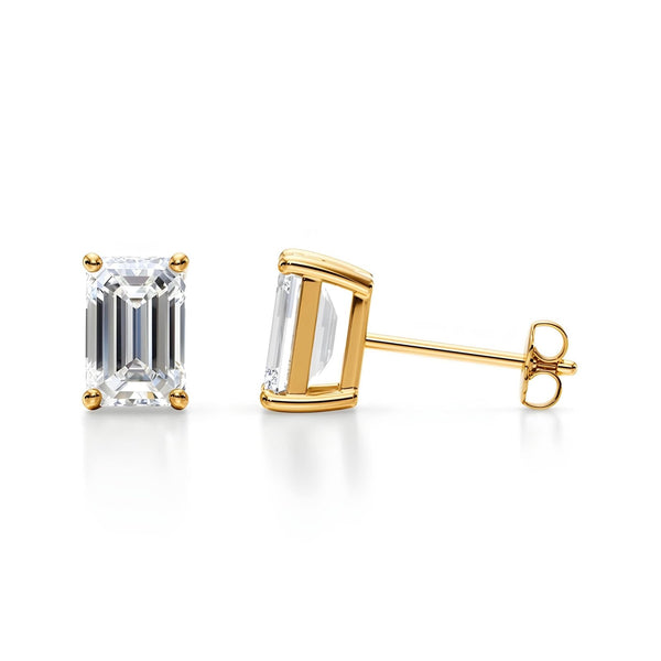 18K Solid Gold Natural Diamond Emerald-Cut Stud Earrings - Side View | Riyanika Jewels