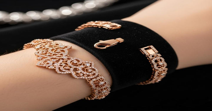 Convertible gold jewelry designed to transform between necklace and bracelet styles