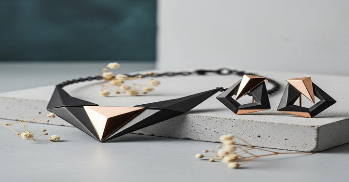 Geometric 18K gold jewelry with angular designs and diamond accents