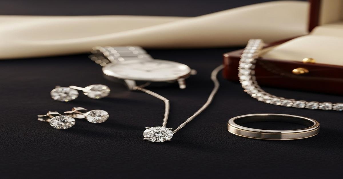 Essential luxury jewelry collection with diamond studs, gold hoops, and tennis bracelet