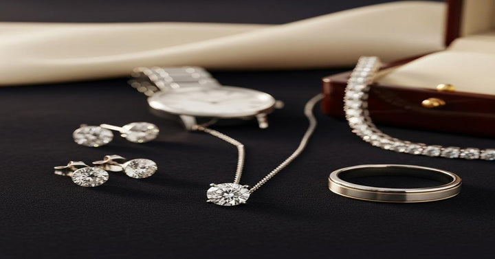 Essential luxury jewelry collection with diamond studs, gold hoops, and tennis bracelet