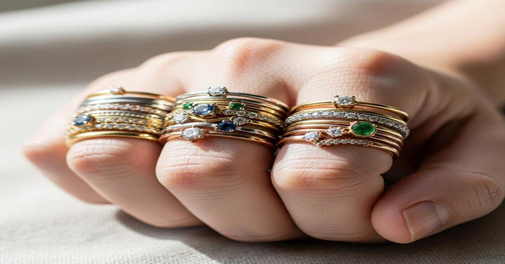 Stackable gold rings with diamonds styled on a hand for everyday wear