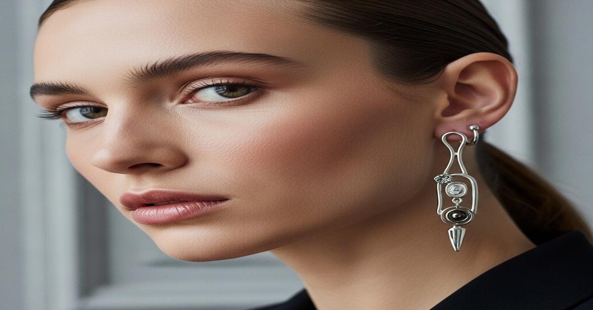 Asymmetrical mismatched earrings in 18K gold with diamond stud and drop design