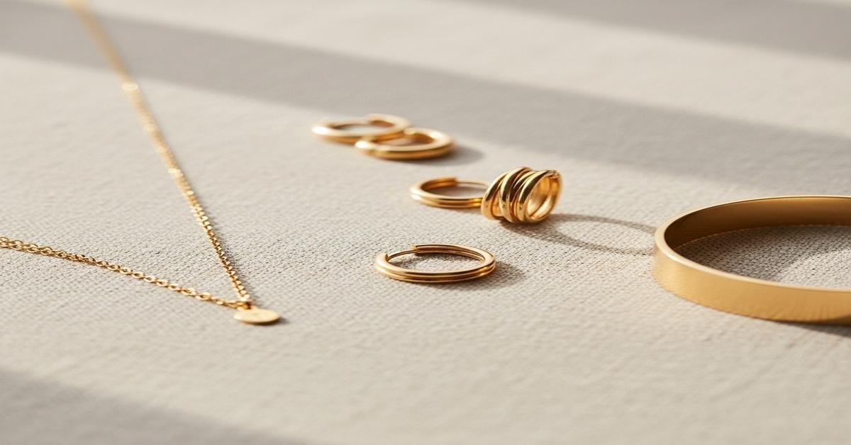 Minimalist gold jewelry collection with delicate chain necklace, stacked rings, hoops, and bangle - Riyanika Jewels