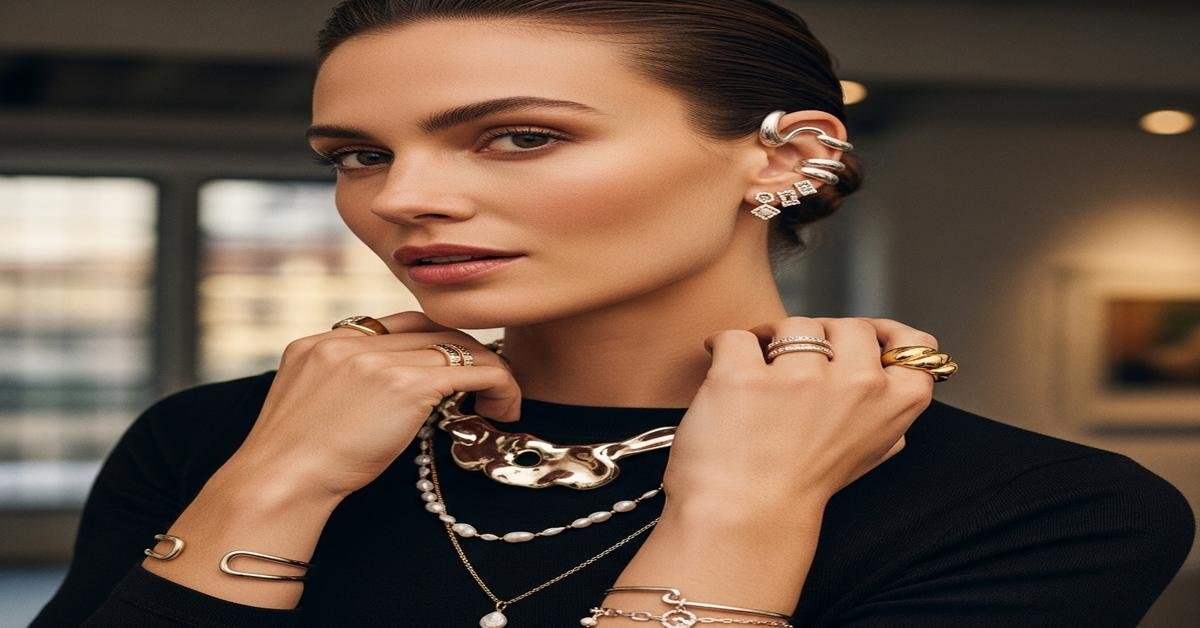 Woman wearing layered gold chains, sculptural hoops, and stacked rings showcasing 2025 jewelry trends - Riyanika Jewels