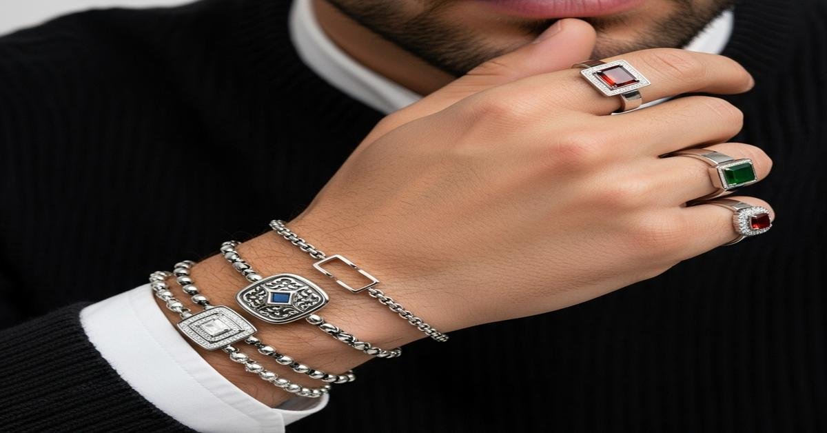 Men's jewelry trends 2025 featuring gold chains, signet rings, and modern bracelets