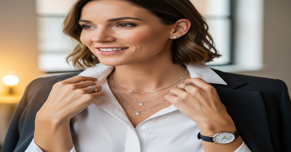 Everyday jewelry essentials for working women including gold studs and pendant necklace
