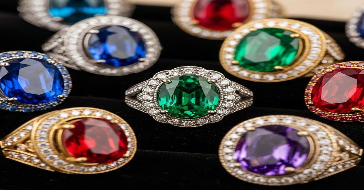 Bold cocktail ring with large colored gemstone in 18K gold setting