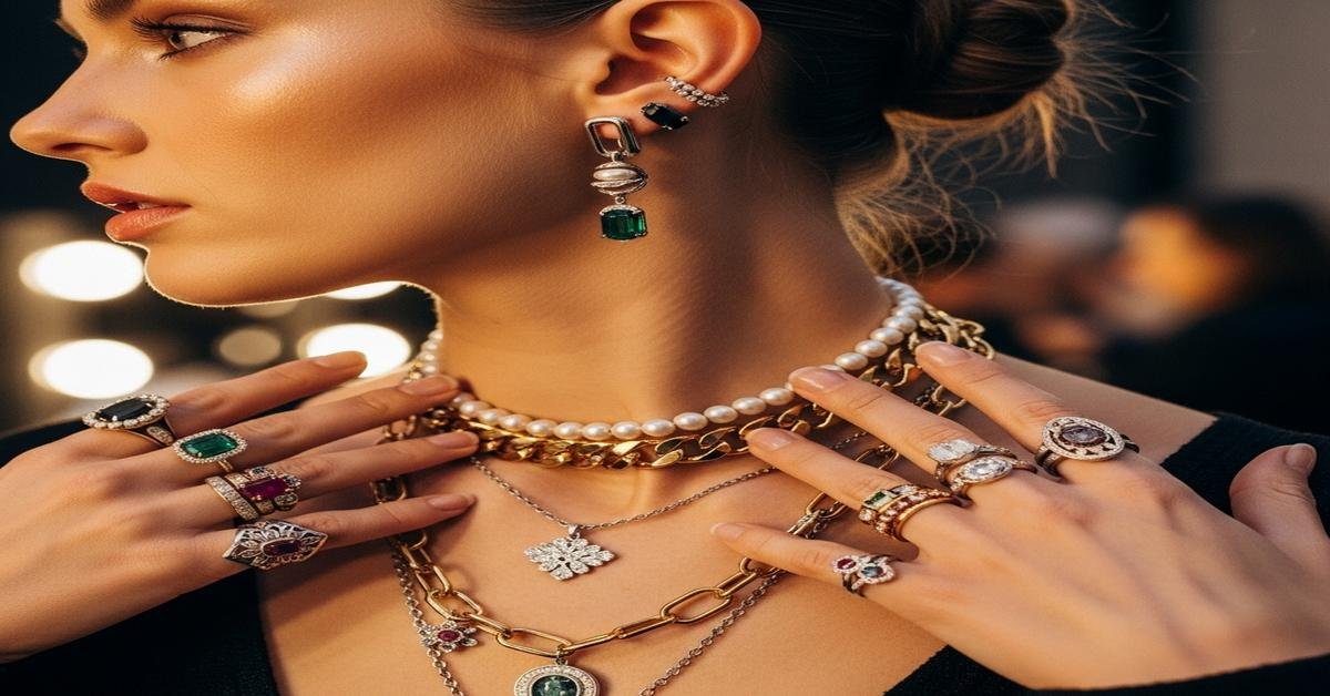 Runway-inspired jewelry styling with layered gold necklaces and statement earrings