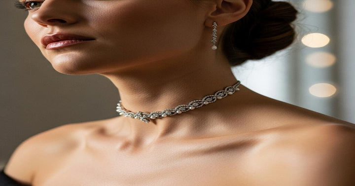 Fine jewelry gold choker necklace with diamond accents worn close to the neck
