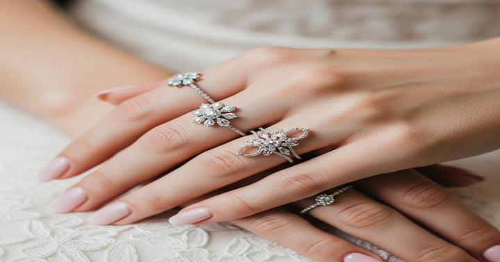 Modern bridal jewelry trends featuring engagement rings, wedding bands, and earrings