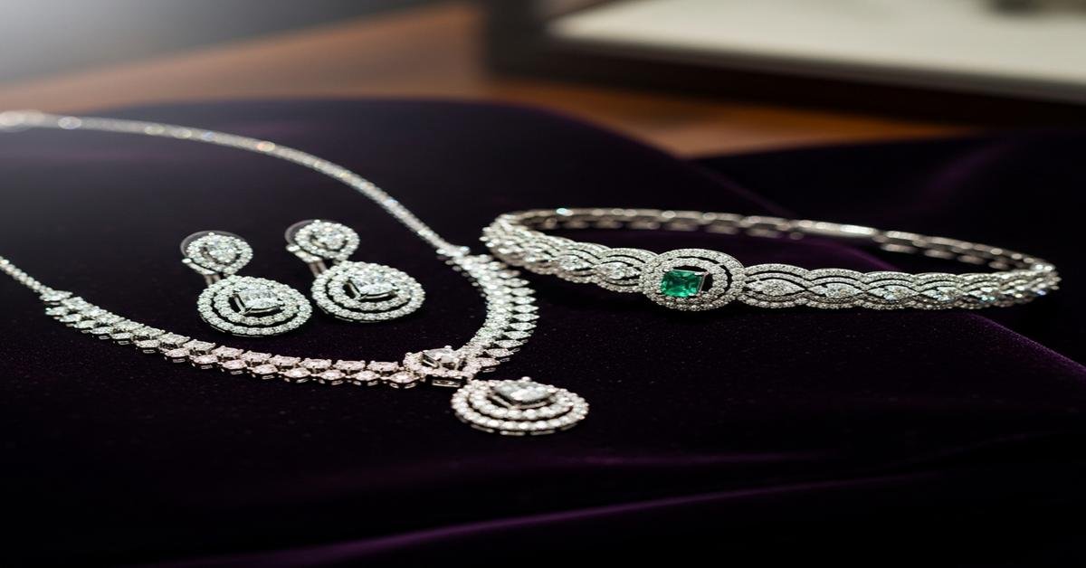 Luxury bridal jewelry set featuring 18K gold diamond necklace, matching earrings, and engagement ring