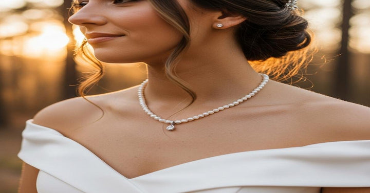 Classic 18K gold bridal necklace styles including solitaire diamond pendant, pearl strand, and tennis necklace