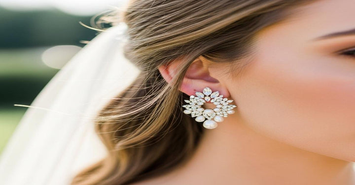 Bride wearing elegant diamond drop earrings with an updo hairstyle and strapless gown at a wedding reception